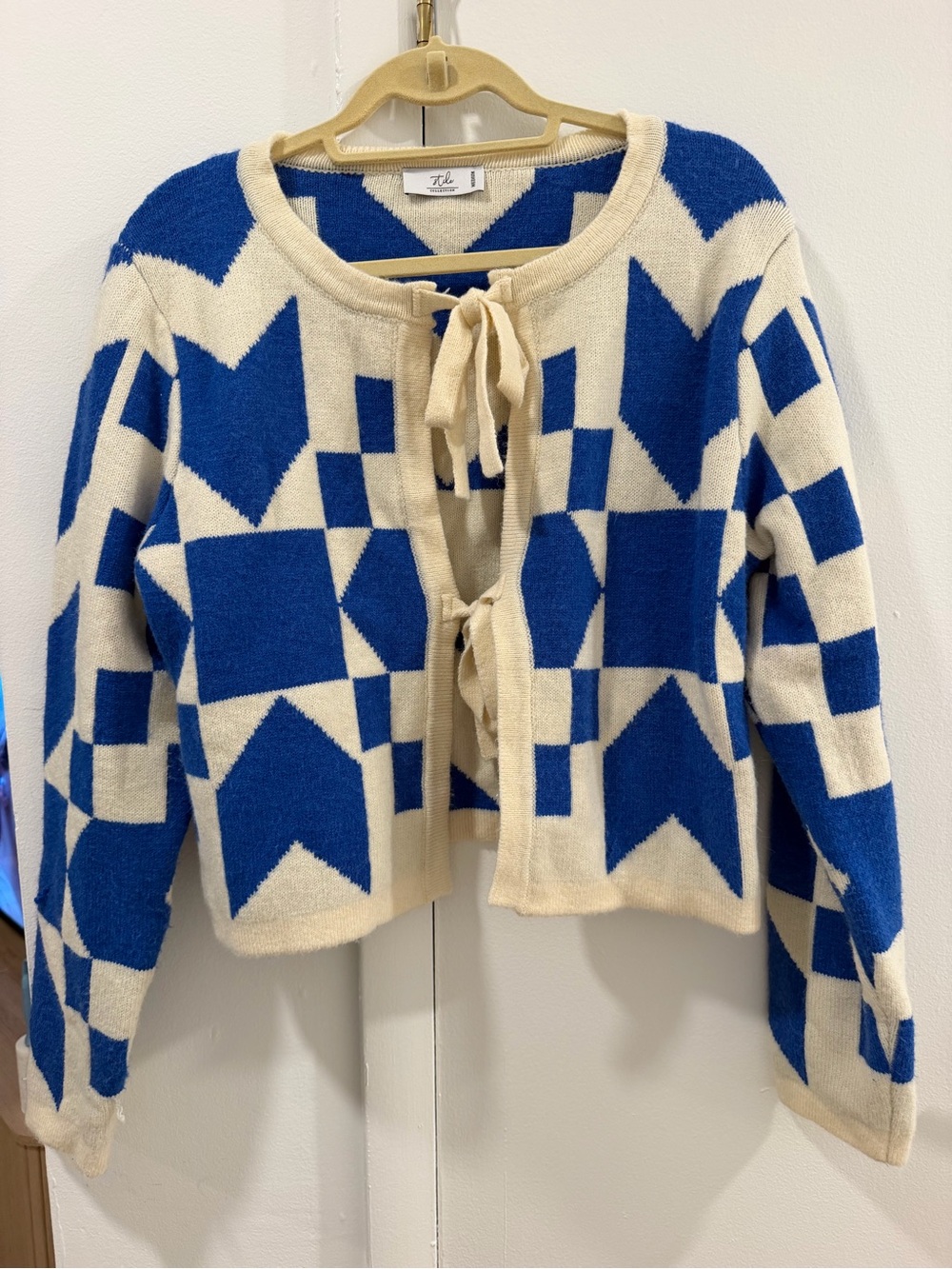 Tie-Front Geometric Cardigan in Blue and Cream